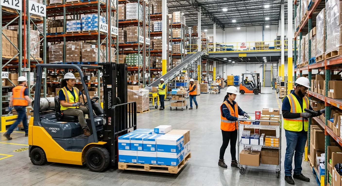 A dynamic, modern warehouse interior with a diverse team of operatives efficiently managing inventor... A dynamic, modern warehouse interior with a diverse team of operatives efficiently managing inventory. Bright lighting highlights a forklift operator and pickers working in harmony, conveying energy, scale, and professional logistics.