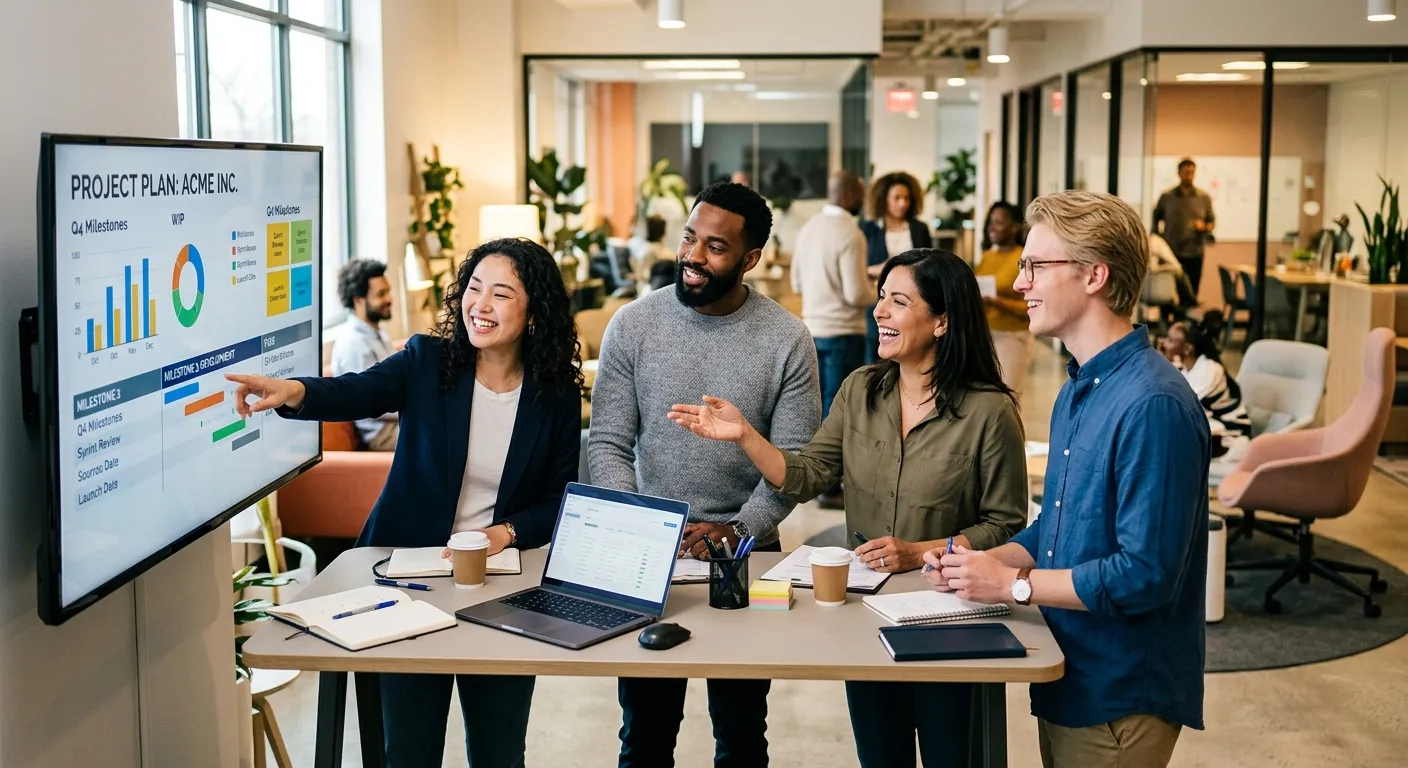 A dynamic, professional photo of a diverse team of temporary workers collaborating in a modern office environment, smiling and reviewing a project plan on a large screen. Style: Corporate, vibrant, and energetic.