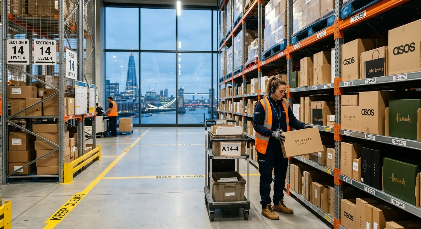 A well-lit, clean warehouse aisle in a modern urban logistics centre, showing an order picker carefu... A well-lit, clean warehouse aisle in a modern urban logistics centre, showing an order picker carefully handling high-end retail goods, with London cityscape visible through a window.