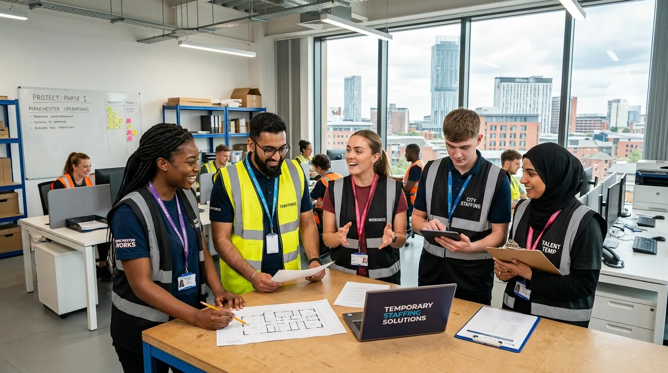Professional, vibrant hero image showing a diverse team of temporary workers collaborating in a mode... Professional, vibrant hero image showing a diverse team of temporary workers collaborating in a modern Manchester office or warehouse setting, with the city's skyline subtly visible through a window. Style is energetic, professional, and forward-thinking.
