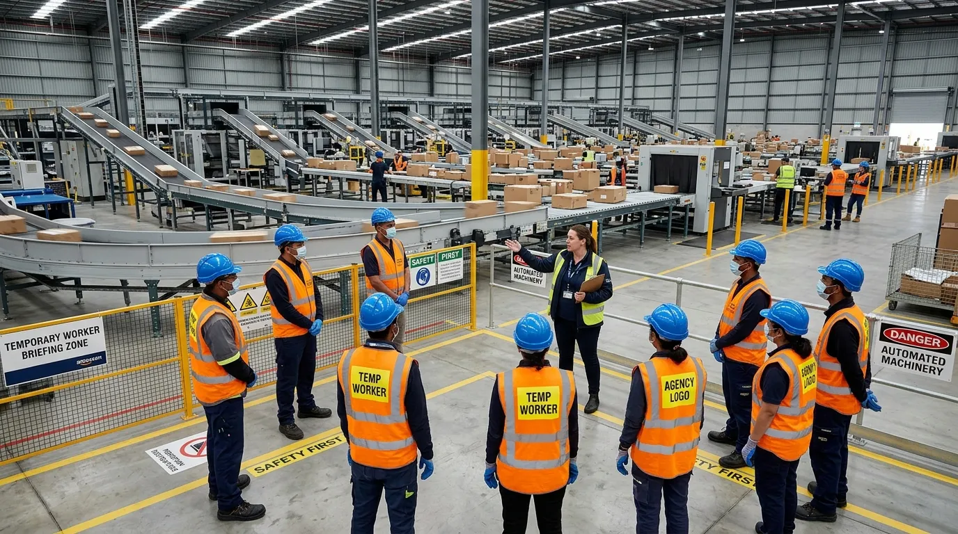 A wide-angle photo inside a modern parcel sorting warehouse, showing temporary workers in distinct h... A wide-angle photo inside a modern parcel sorting warehouse, showing temporary workers in distinct high-vis vests being briefed by an agency supervisor at a safe distance from automated sorting machinery, conveying a professional, controlled environment.