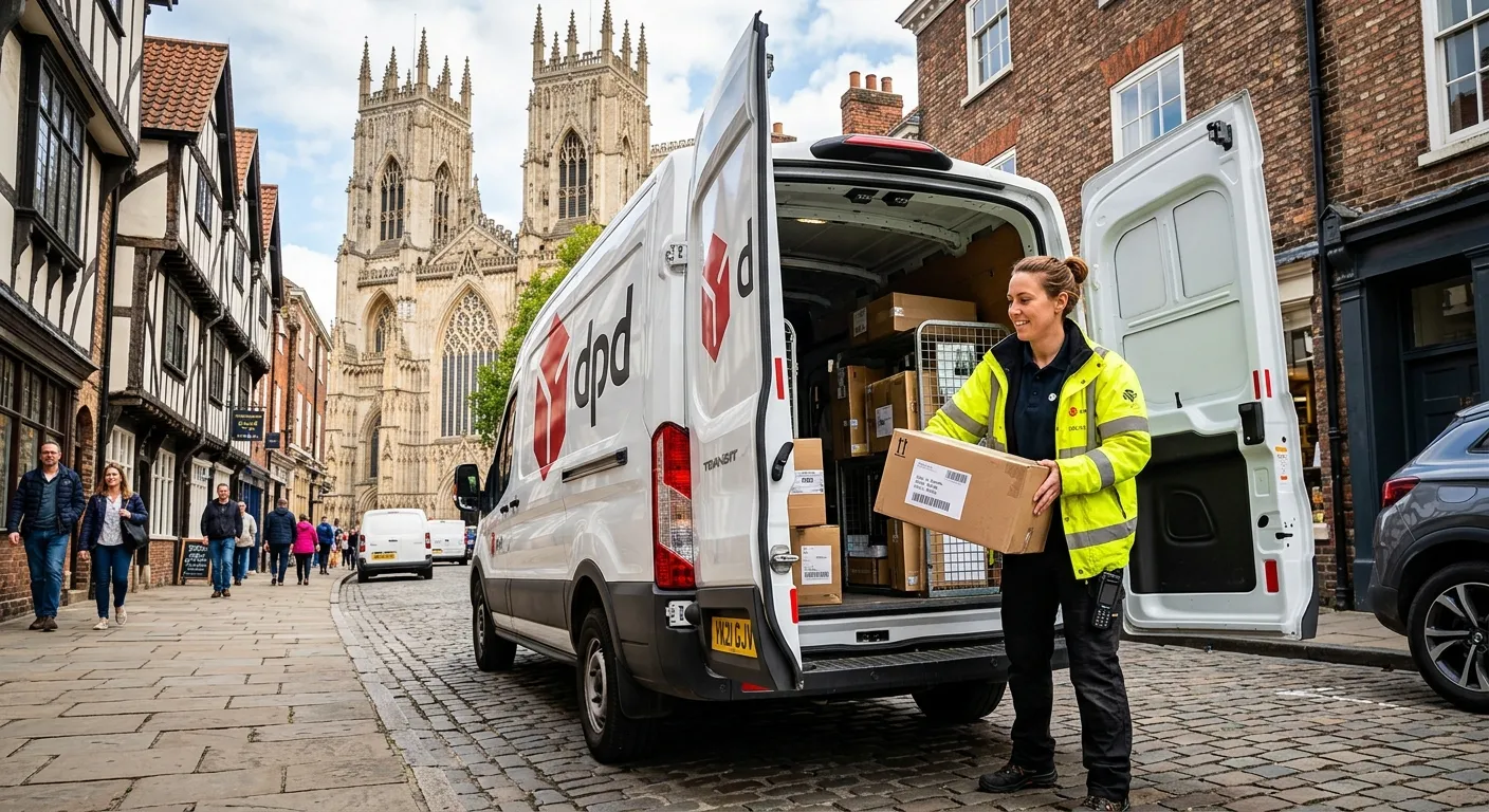 A professional, confident Multi-Drop Delivery Driver in hi-vis attire, loading parcels into a modern van on a street in historic York, with the Minster visible in the background. Style: authentic, realistic, professional, with a slight vibrant filter.