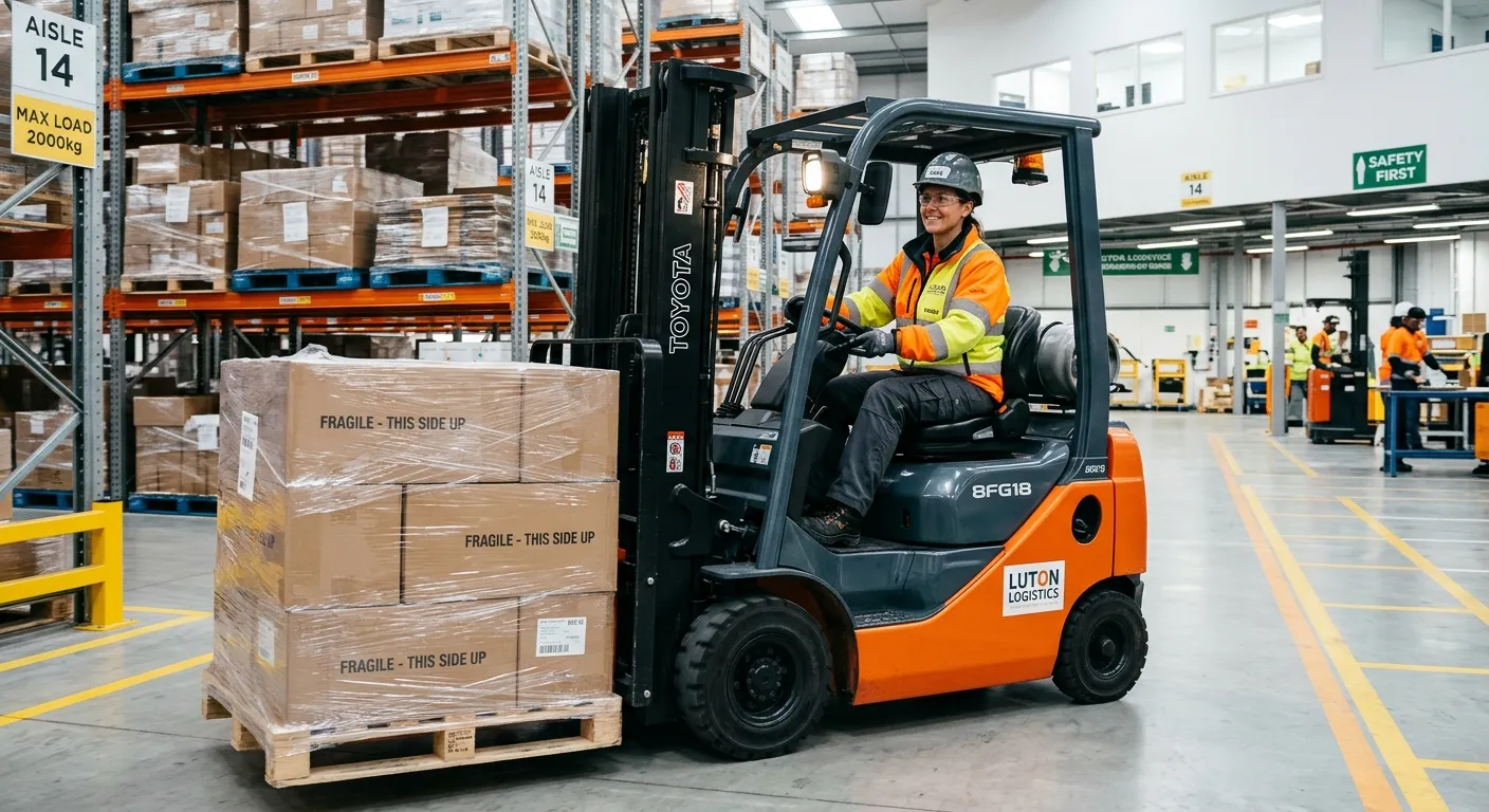 A professional, confident forklift driver in a modern Luton warehouse, wearing high-visibility clothing and operating a counterbalance forklift in a clean, organised storage facility. The image should convey safety, efficiency, and a positive work environment.