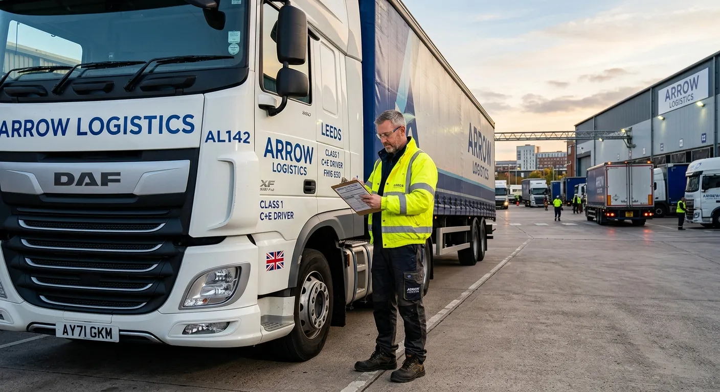 A professional UK HGV Class 1 driver checking paperwork beside a modern lorry at a busy Leeds logist... A professional UK HGV Class 1 driver checking paperwork beside a modern lorry at a busy Leeds logistics hub, early morning light, safe and reliable tone, clean corporate recruitment style, high detail, realistic photo