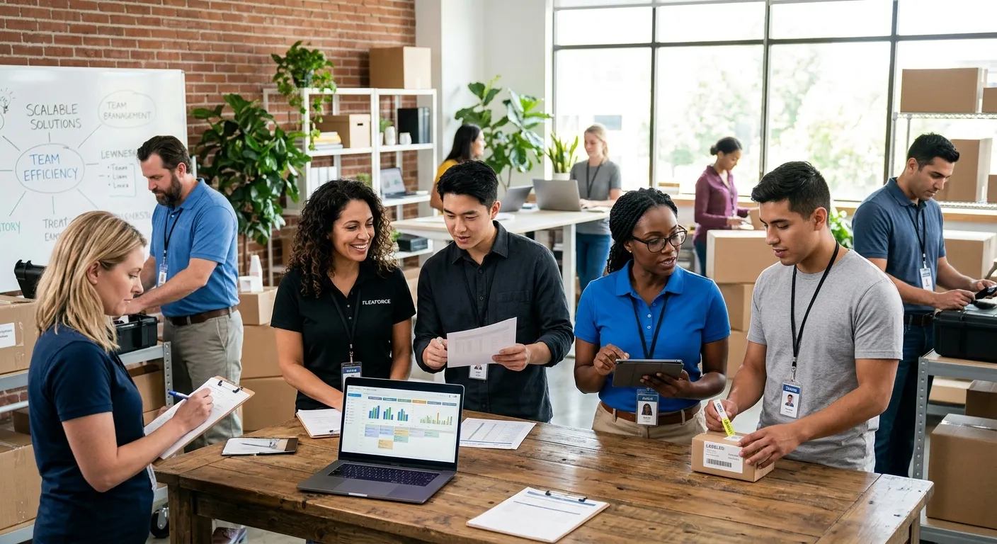 A dynamic, professional photo of a diverse team of temporary workers in a modern business setting, c... A dynamic, professional photo of a diverse team of temporary workers in a modern business setting, collaborating in a bright office or warehouse. Style: Vibrant, energetic, and professional. Mood: Efficient and scalable.