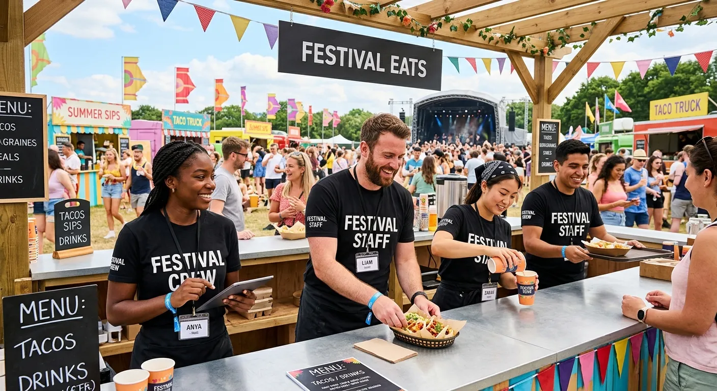 A vibrant, professional photo of a diverse team of hospitality and events staff working efficiently... A vibrant, professional photo of a diverse team of hospitality and events staff working efficiently at a summer festival or outdoor venue, showcasing teamwork and energy.