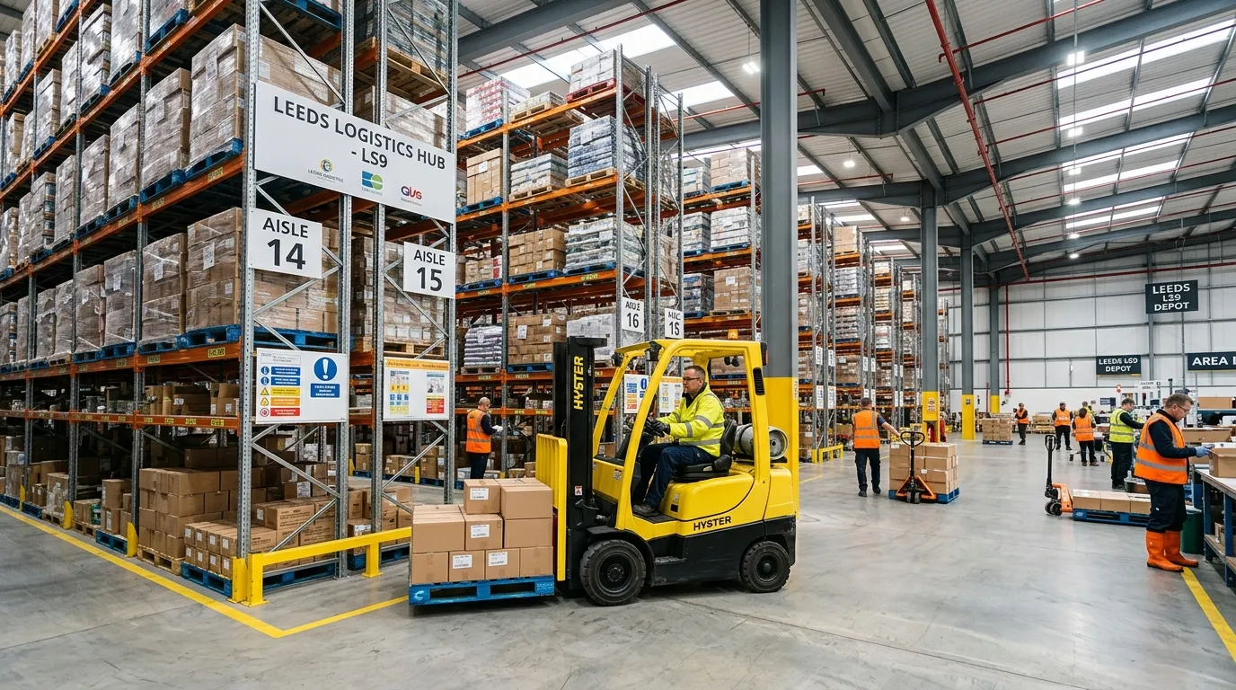 A wide-angle photo inside a modern, clean warehouse in Leeds LS9, showing a forklift driver safely m... A wide-angle photo inside a modern, clean warehouse in Leeds LS9, showing a forklift driver safely moving pallets in well-lit, organized racking aisles, with colleagues in high-visibility vests in the background.