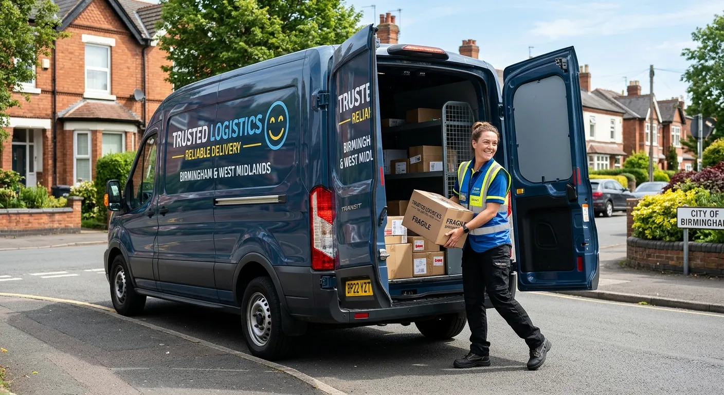 A professional, friendly delivery driver in hi-vis uniform, loading packages into a clean, modern va... A professional, friendly delivery driver in hi-vis uniform, loading packages into a clean, modern van on a street in a Birmingham suburb, conveying efficiency and trust.