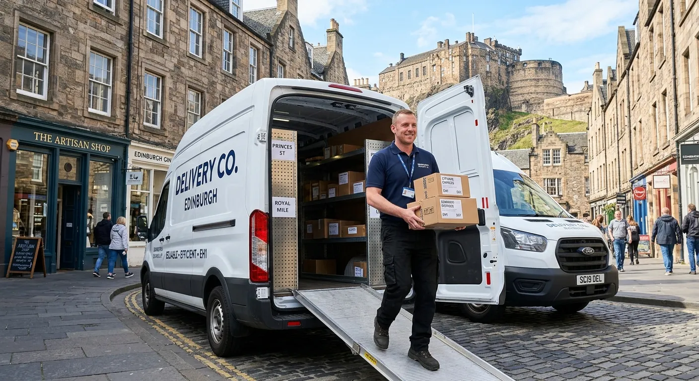 A professional, confident Multi-Drop Delivery Driver in Edinburgh, loading packages into a clean, modern van on a sunny day in the historic EH1 district, conveying efficiency and reliability.