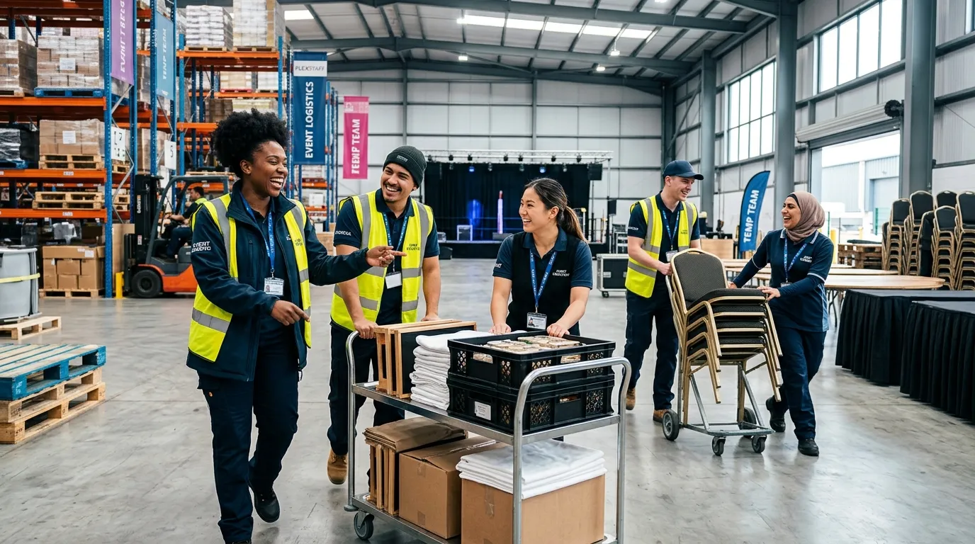A dynamic, professional hero image showing a diverse group of temporary workers in a modern warehouse and hospitality setting, collaborating and smiling. Style is vibrant, energetic, and high-contrast, focusing on people in action.