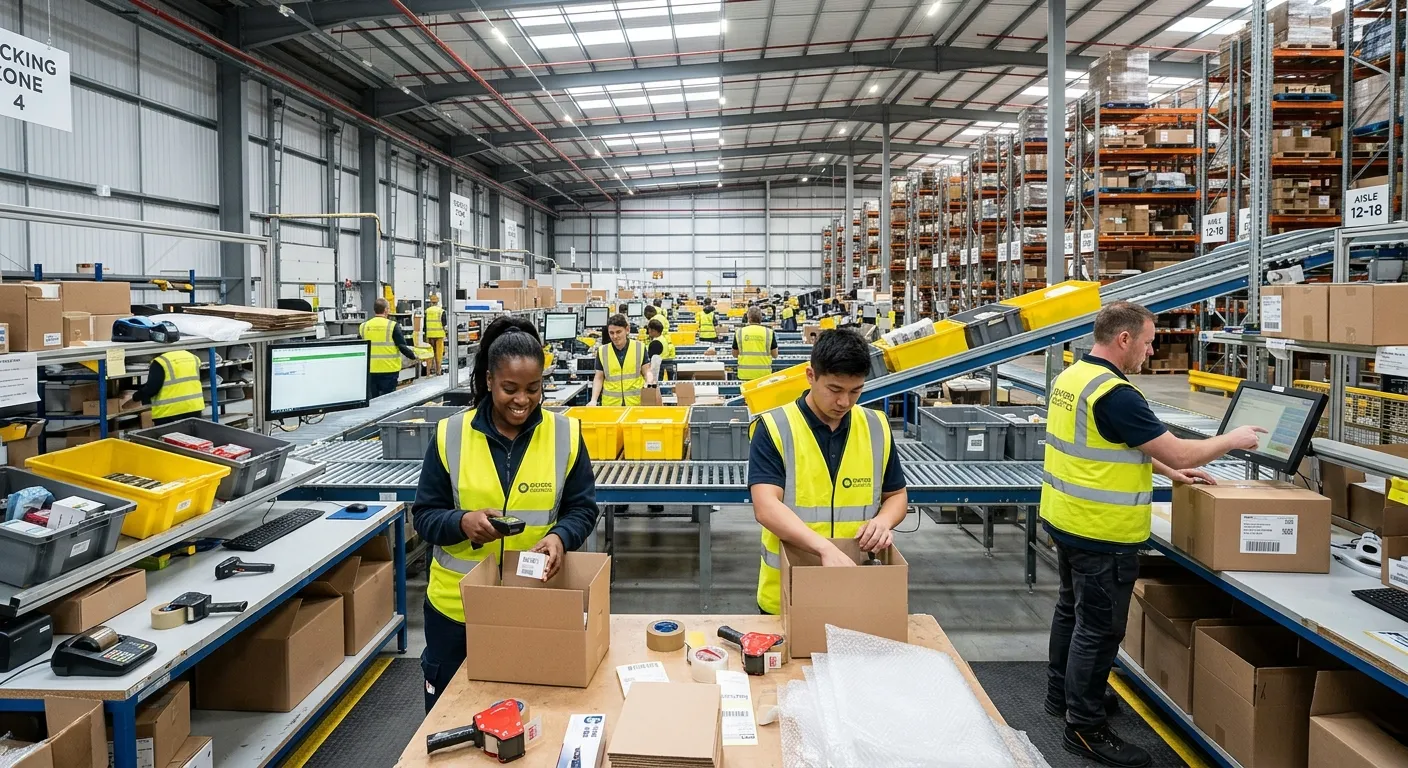 A professional, well-lit photograph of a modern, efficient warehouse in Oxford. A diverse team of pickers and packers, wearing hi-vis vests, are actively working at packing stations, scanning barcodes, and placing items into boxes. The mood is productive, organised, and dynamic.