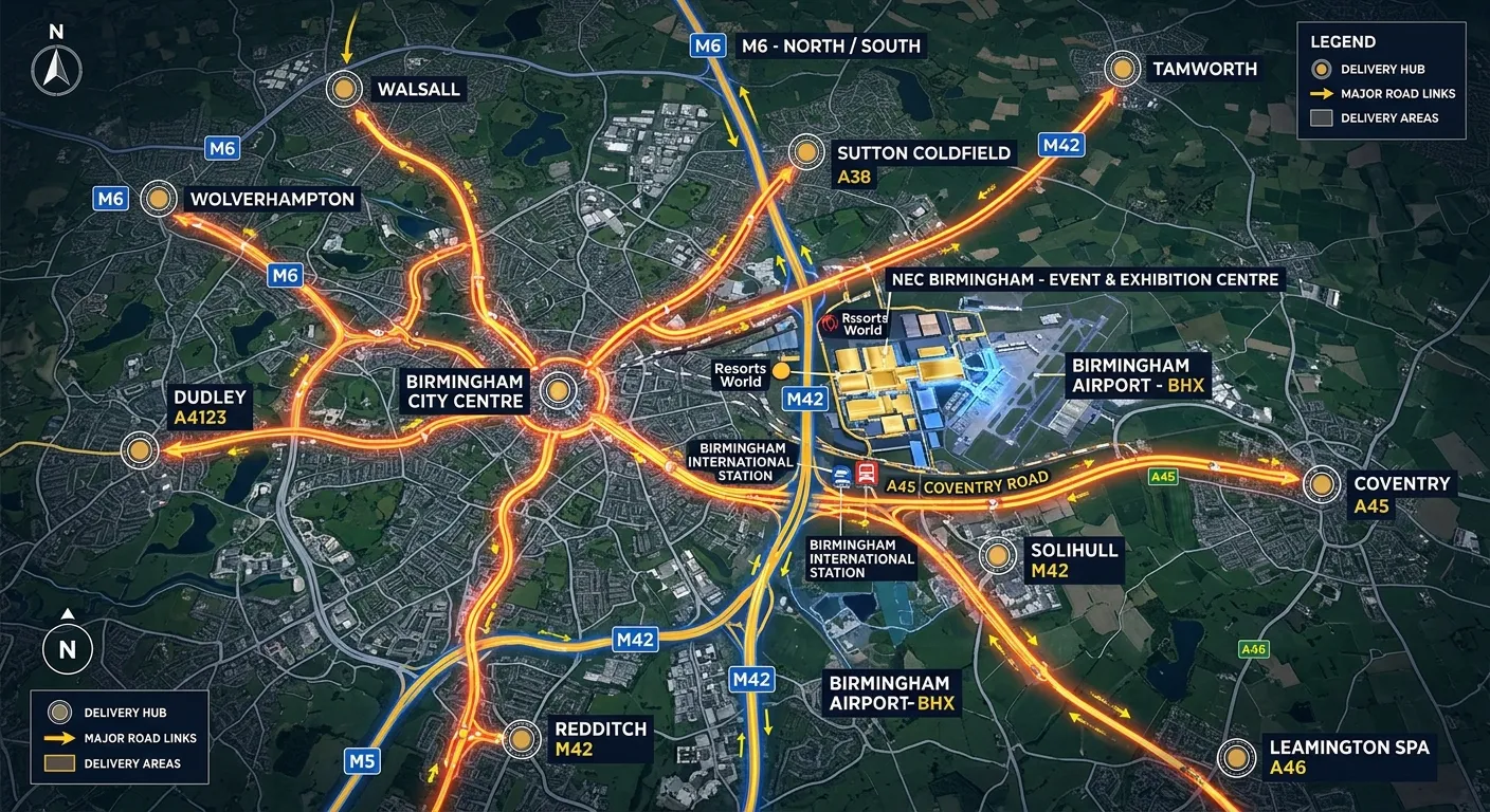 A detailed aerial map graphic highlighting the NEC Birmingham campus, Birmingham Airport, and major... A detailed aerial map graphic highlighting the NEC Birmingham campus, Birmingham Airport, and major road links like the M42 and M6, with animated route lines radiating out to key delivery areas in the West Midlands.