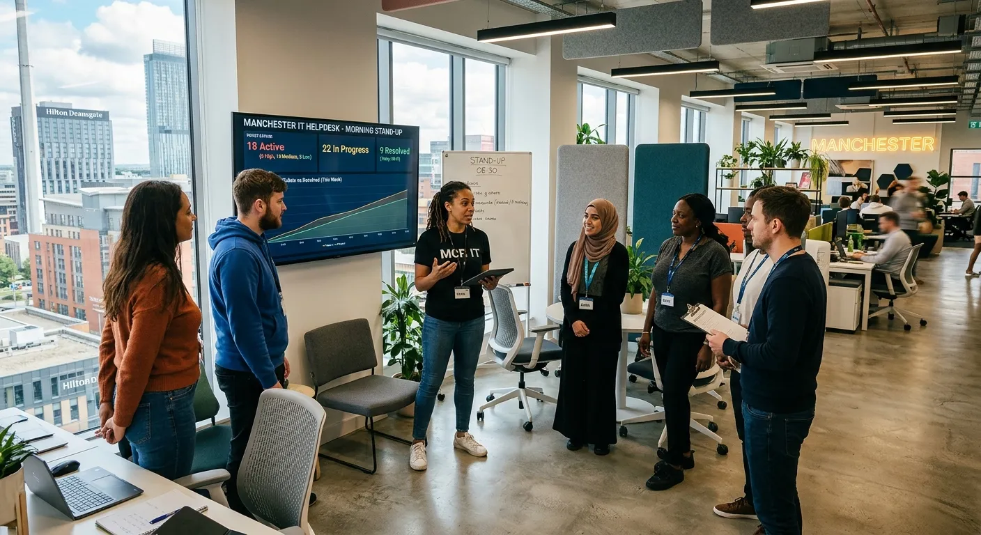 A modern, vibrant IT helpdesk office in Manchester; a diverse team having a morning stand-up meeting... A modern, vibrant IT helpdesk office in Manchester; a diverse team having a morning stand-up meeting around a digital dashboard screen showing ticket statuses.