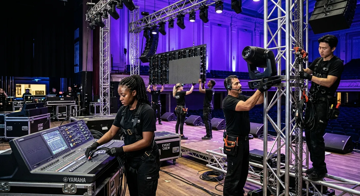 A dynamic, professional photo showing a diverse event crew in action, setting up a stage with lighti... A dynamic, professional photo showing a diverse event crew in action, setting up a stage with lighting and audio equipment. The mood is energetic, focused, and high-tech, with a vibrant violet accent light in the background.