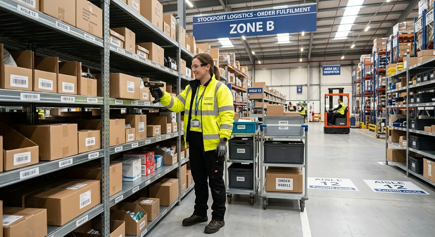 A modern, well-lit warehouse in Stockport with a Picker/Packer in high-vis attire using a handheld s... A modern, well-lit warehouse in Stockport with a Picker/Packer in high-vis attire using a handheld scanner to locate items on shelving, conveying a professional and efficient atmosphere.