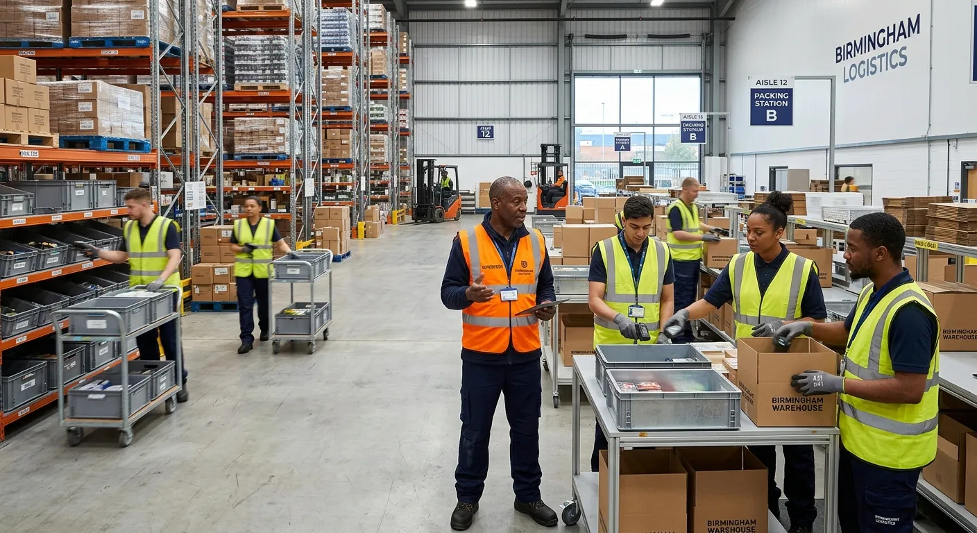 A professional, well-lit photograph of a modern, organised warehouse in Birmingham. A Warehouse Supe... A professional, well-lit photograph of a modern, organised warehouse in Birmingham. A Warehouse Supervisor in high-visibility clothing is shown directing a team of Picker/Packers and Order Pickers. The mood is efficient, professional, and dynamic, highlighting a well-managed logistics operation.