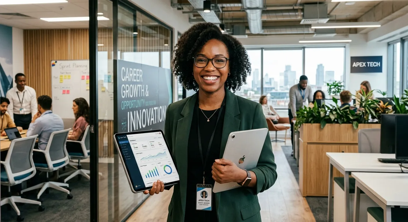A diverse IT professional smiling at camera in a modern office, holding a tablet, symbolizing career growth and satisfaction.