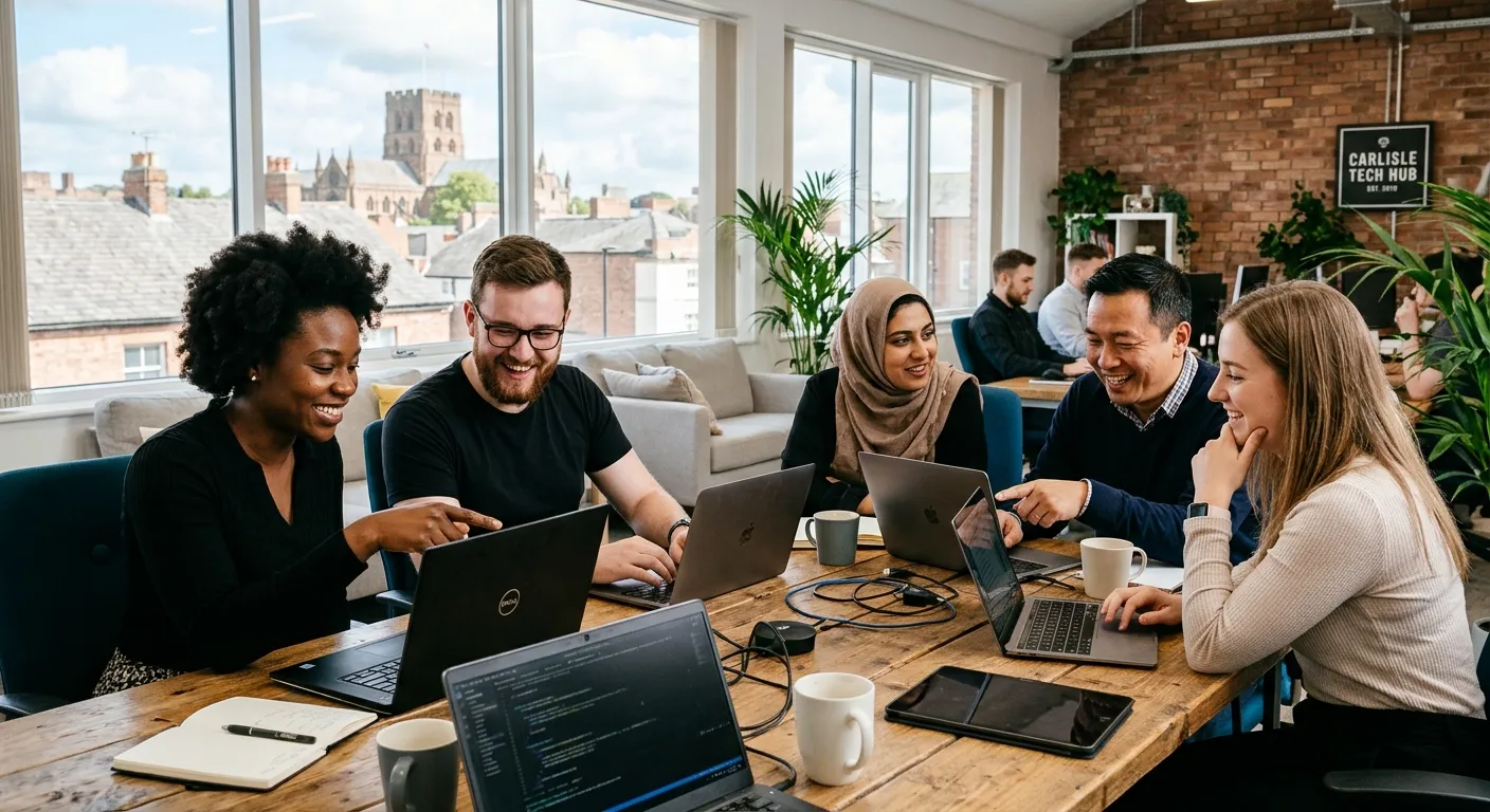 A professional, diverse group of IT professionals collaborating in a modern office setting in Carlis... A professional, diverse group of IT professionals collaborating in a modern office setting in Carlisle, smiling and working on laptops, representing a positive work culture.