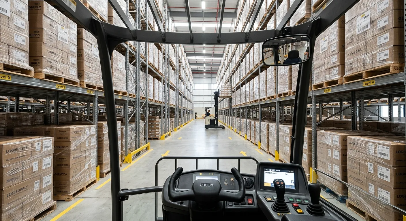 A first-person view from the seat of a reach truck in a modern, clean warehouse aisle, with neatly stacked pallets in high bay racking, conveying a sense of order and scale