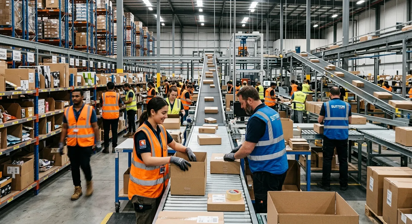A dynamic shot inside a modern, busy e-commerce warehouse during peak season, showing our temporary... A dynamic shot inside a modern, busy e-commerce warehouse during peak season, showing our temporary staff efficiently working alongside permanent team members, with Sutton branding visible on a high-vis vest.