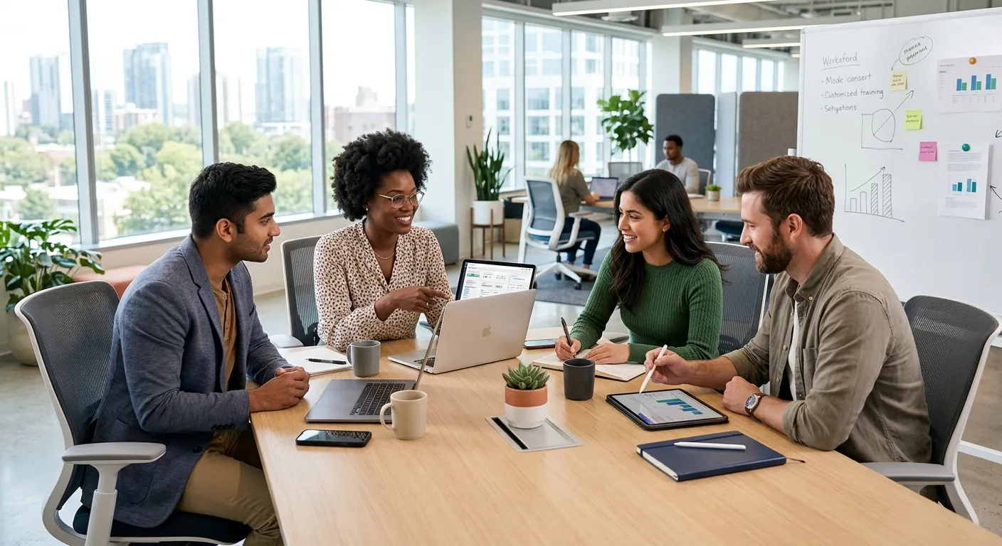 A modern, diverse team of office professionals collaborating in a bright, airy workspace. Style is p... A modern, diverse team of office professionals collaborating in a bright, airy workspace. Style is professional and aspirational, with a focus on collaboration and technology. Mood is energetic and productive.