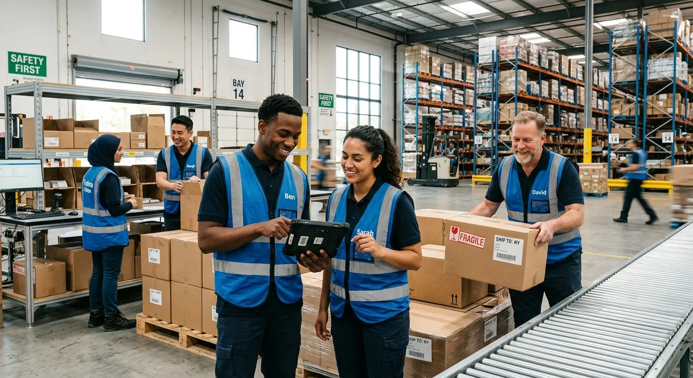 A dynamic, professional photo of a diverse team of temporary workers in a modern warehouse setting, smiling and collaborating. One person is checking a tablet, another is moving a box. The mood is energetic, efficient, and professional.