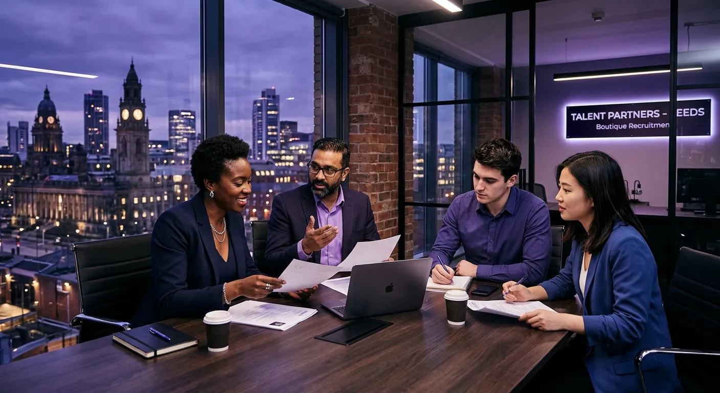 Elegant Leeds cityscape with a diverse recruitment team reviewing job briefs, violet and indigo tones, modern boutique agency style, high-contrast professional mood