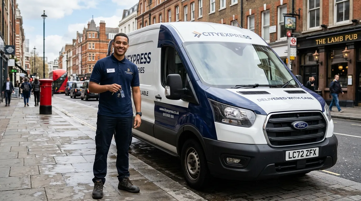 Hero image of a professional, reliable driver in a branded uniform, smiling and holding keys, standi... Hero image of a professional, reliable driver in a branded uniform, smiling and holding keys, standing by a modern delivery van in an urban setting like London. Professional, trustworthy, and dynamic mood.