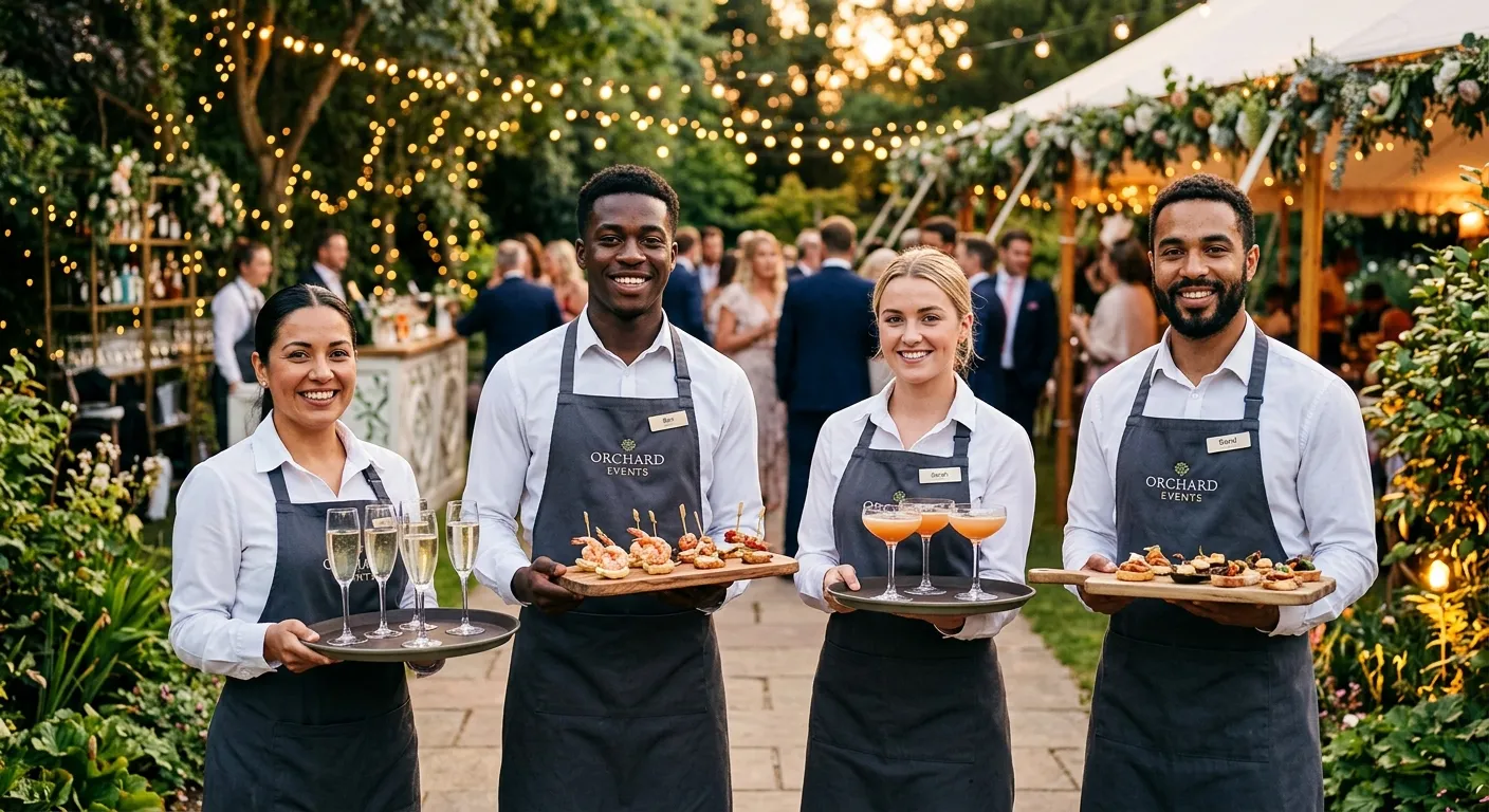 A vibrant, professional photo of a diverse team of catering and hospitality staff at a sophisticated... A vibrant, professional photo of a diverse team of catering and hospitality staff at a sophisticated summer garden party. They are smiling, holding trays of drinks and canapés, with soft bokeh lights in the background. Style: Professional, warm, and energetic.
