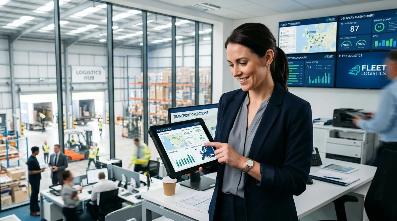 A modern, dynamic hero image featuring a professional Transport Manager in a smart-casual setting, r... A modern, dynamic hero image featuring a professional Transport Manager in a smart-casual setting, reviewing a logistics dashboard on a tablet. The scene is in a bright, efficient warehouse office with fleet management screens in the background. Style: Professional, aspirational, and high-energy. Mood: Competent, forward-thinking, and in control.