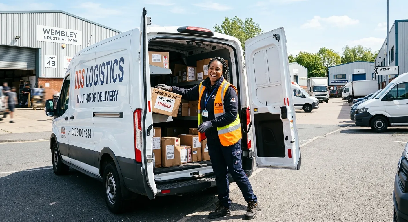 A professional, smiling Multi-Drop Delivery Driver in a hi-vis vest, loading packages into a modern... A professional, smiling Multi-Drop Delivery Driver in a hi-vis vest, loading packages into a modern van on a sunny day in a Wembley industrial estate. Style: Bright, authentic, and aspirational.