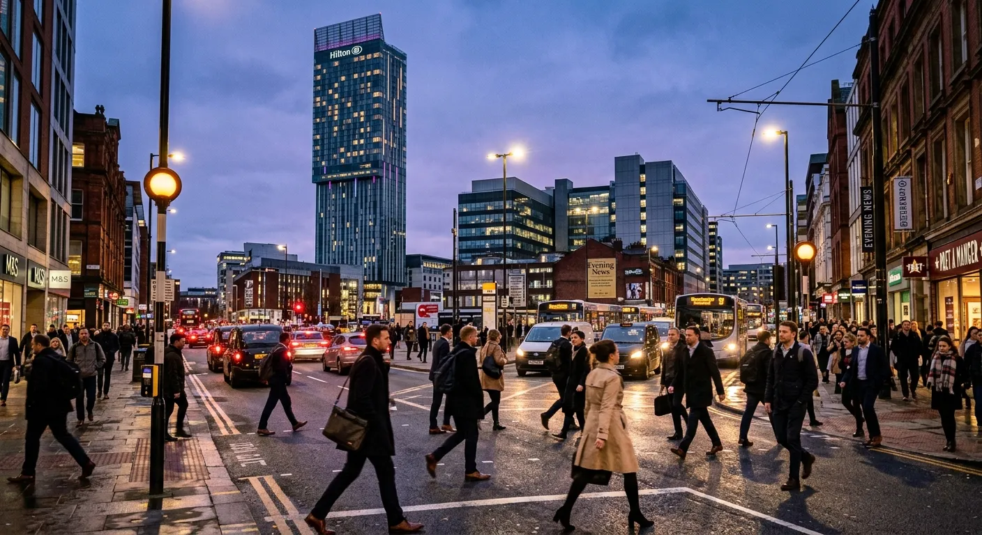 Modern, bustling cityscape of Manchester city centre at dusk, featuring the Beetham Tower and workers crossing a busy street. Professional, energetic mood.