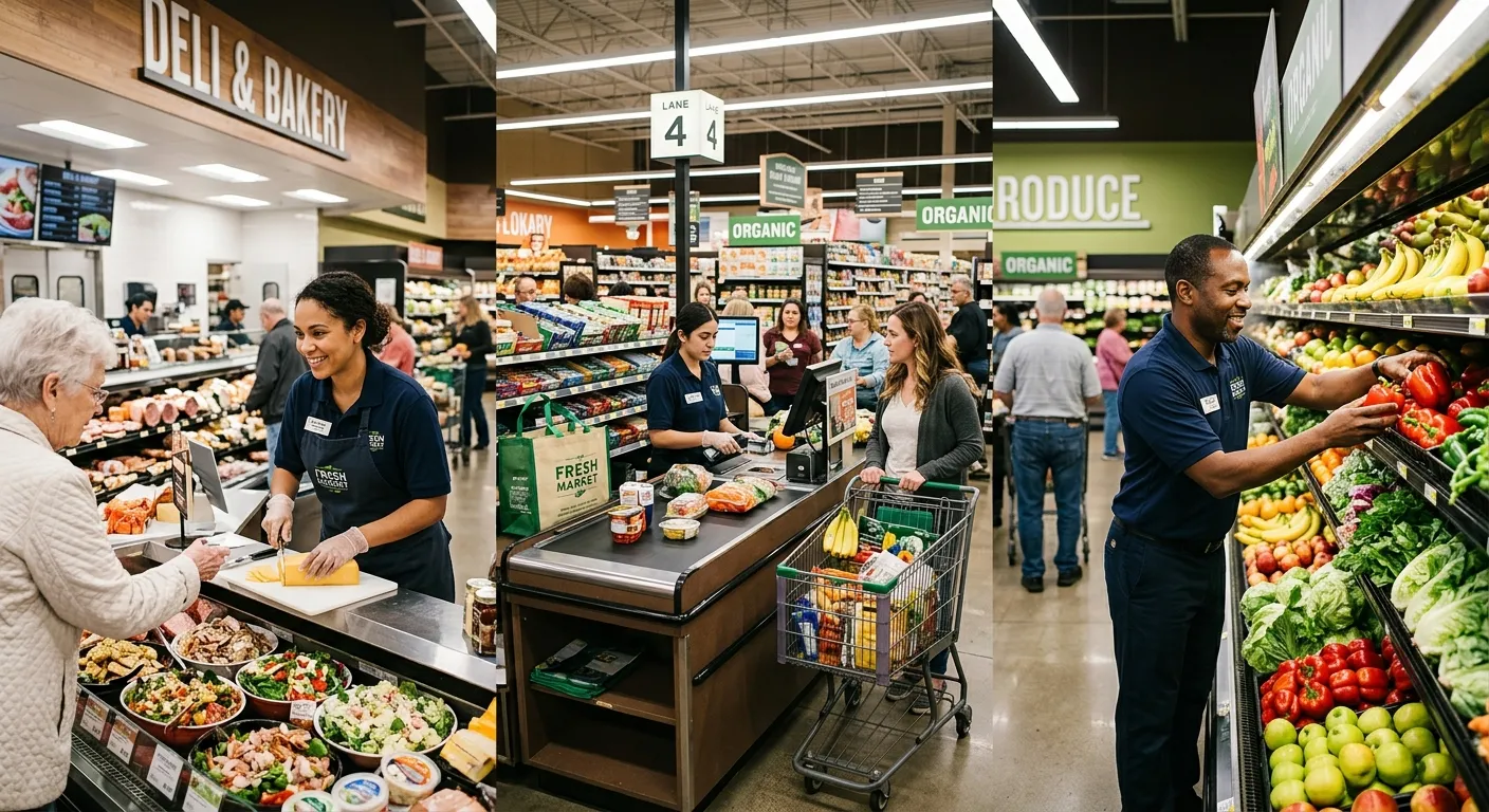 A dynamic, high-energy shot of a modern, well-stocked supermarket during a busy period. A diverse te... A dynamic, high-energy shot of a modern, well-stocked supermarket during a busy period. A diverse team of staff members in uniform are actively engaged: one is assisting a customer at the deli counter, another is efficiently scanning items at a checkout, and a third is stocking a fresh produce display with vibrant fruits and vegetables. The mood is professional, efficient, and customer-focused.