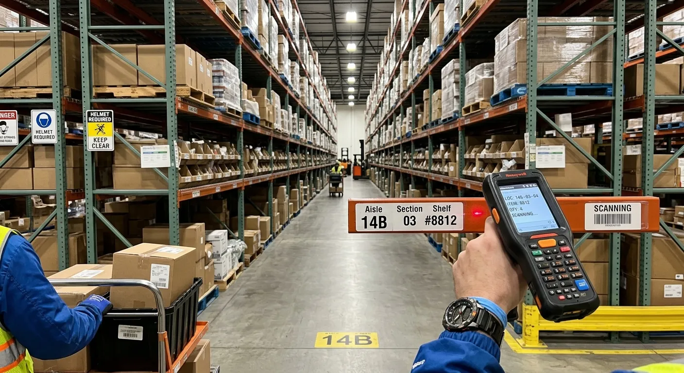 A first-person view down a long, clean warehouse aisle with high racking, showing an order picker sc... A first-person view down a long, clean warehouse aisle with high racking, showing an order picker scanning a barcode on a shelf label with an RF gun.