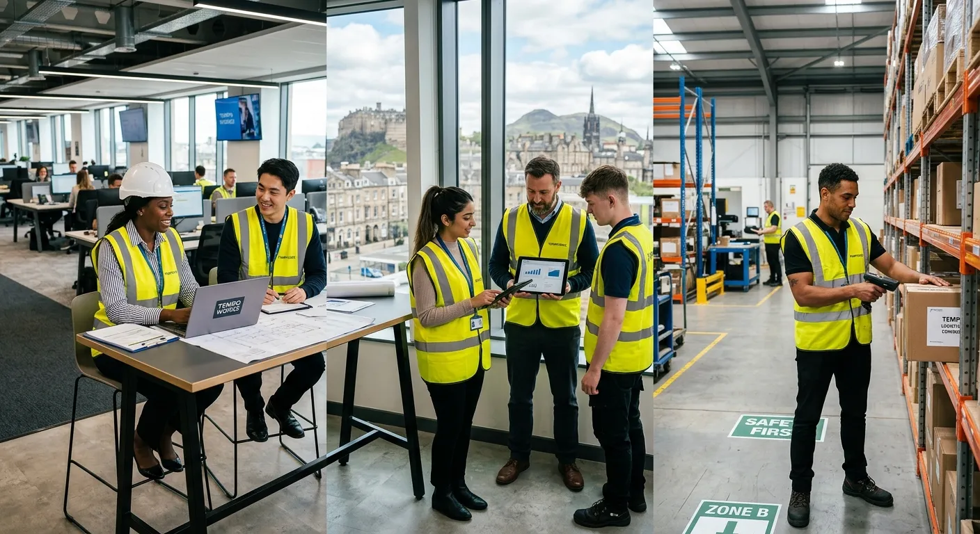 A professional, dynamic photo of diverse temporary workers in high-visibility vests and business attire, collaborating in a modern Edinburgh office and warehouse setting. The mood is energetic, efficient, and trustworthy, with iconic Edinburgh architecture subtly visible through windows.