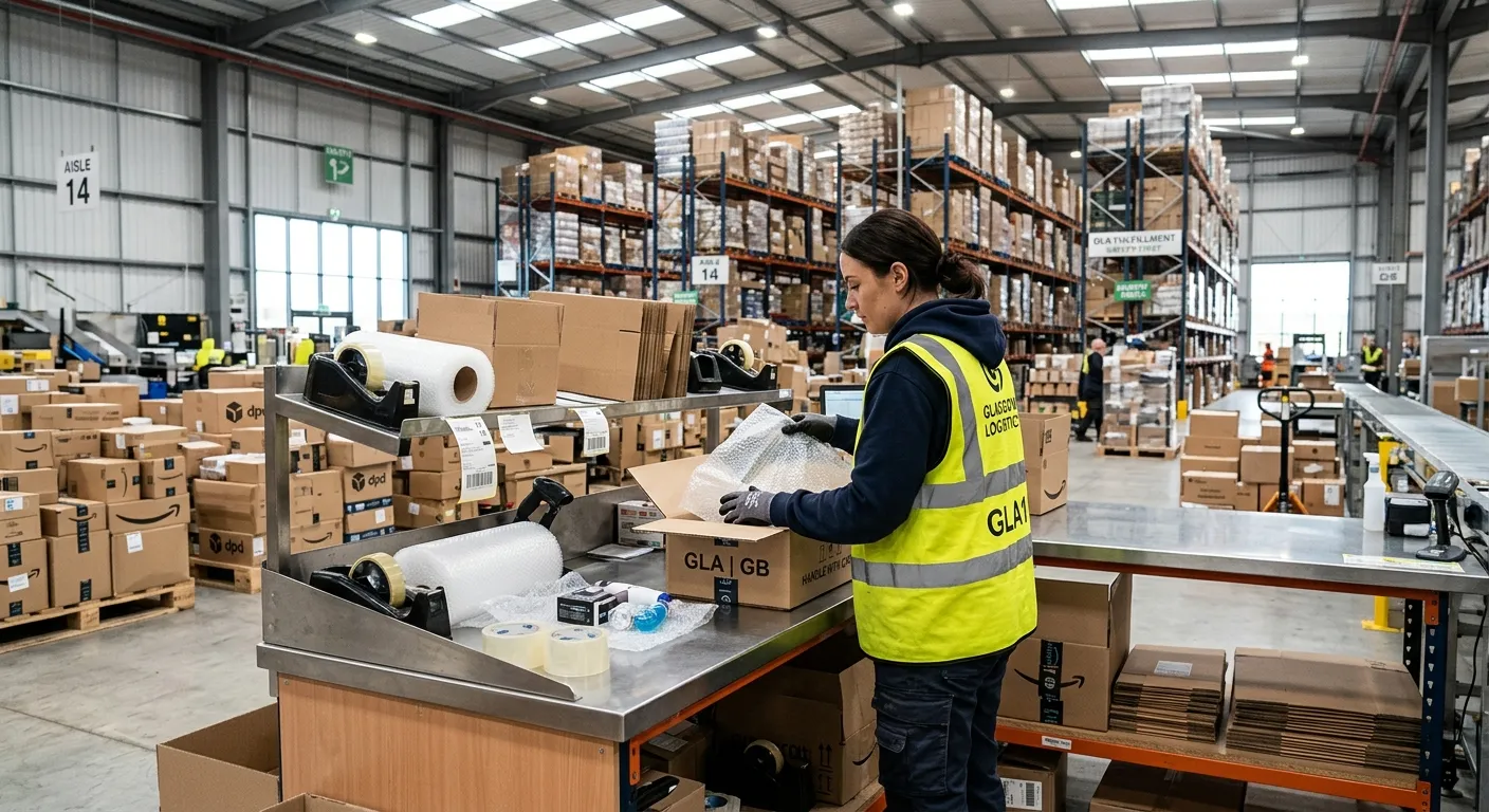A worker in a high-vis vest at a modern, well-lit packing station in a Glasgow warehouse, carefully... A worker in a high-vis vest at a modern, well-lit packing station in a Glasgow warehouse, carefully placing items into a box with bubble wrap, with stacked parcels in the background