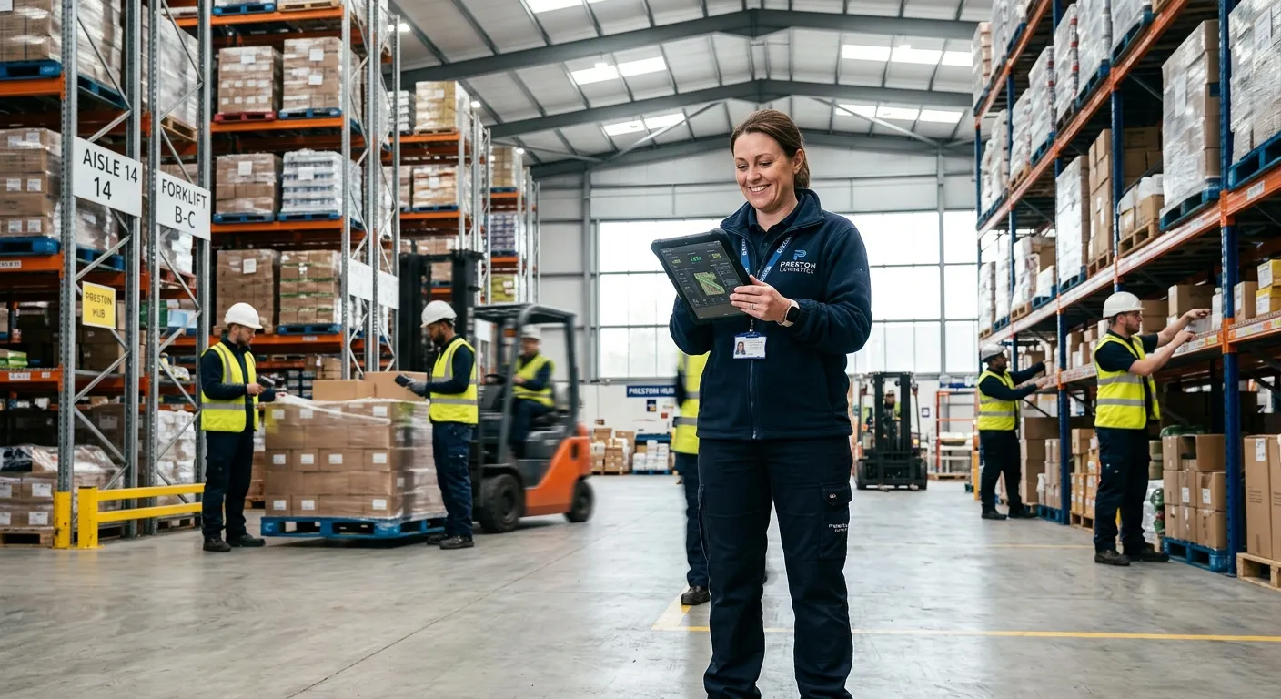 A professional, confident Warehouse Manager in a modern, high-bay distribution centre in Preston, reviewing a tablet with a team of warehouse operatives in the background. Style: modern corporate photography, sharp focus, natural light filtering through warehouse windows, conveying leadership and efficiency.