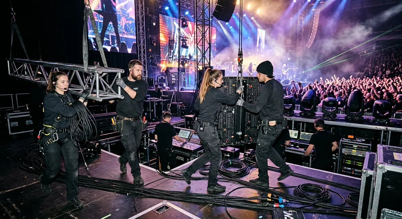 A dynamic, high-energy shot of a professional stage crew in action at a large concert or theatre eve... A dynamic, high-energy shot of a professional stage crew in action at a large concert or theatre event. They are shown working cohesively under dramatic lighting, with rigging, set pieces, and audio equipment visible, conveying expertise and teamwork.