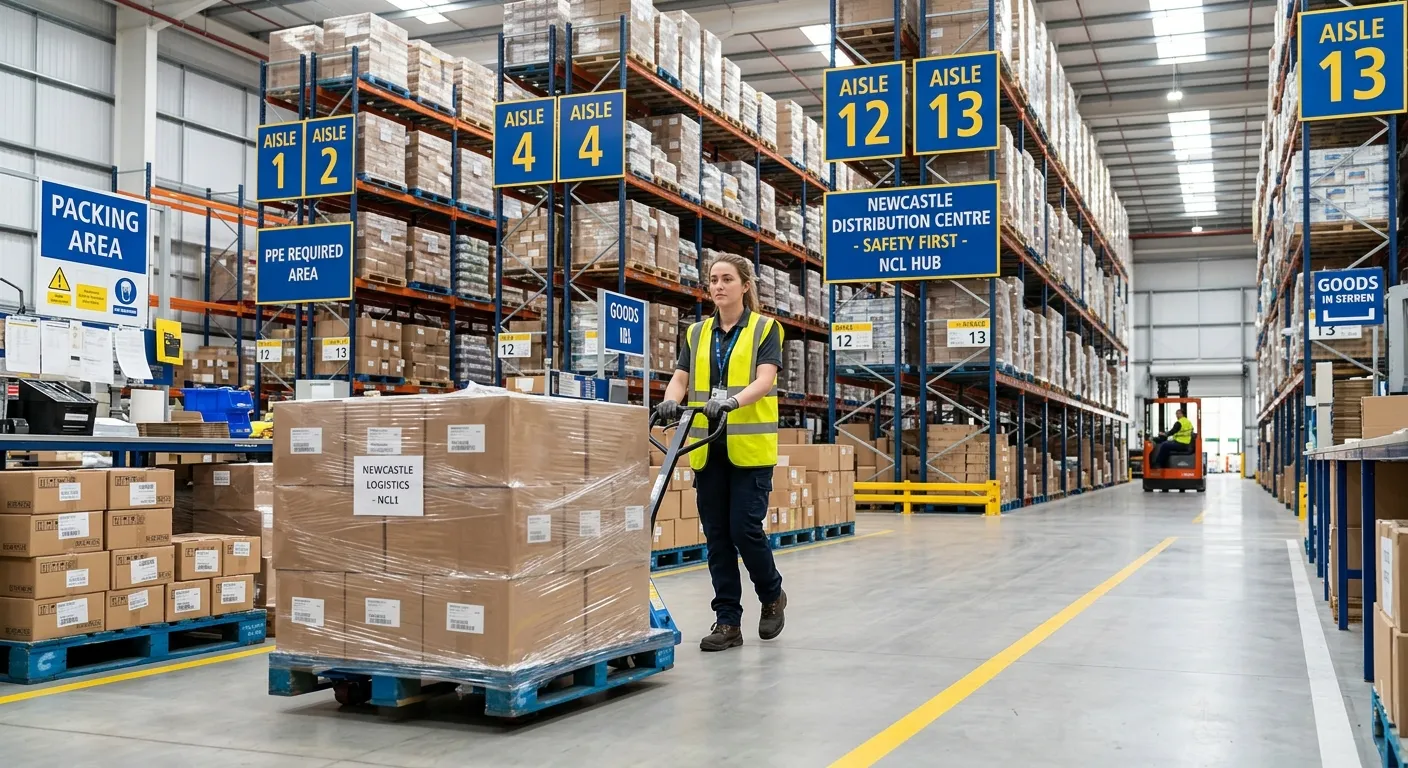 A professional, well-lit photograph of a modern warehouse environment in Newcastle upon Tyne. A Ware... A professional, well-lit photograph of a modern warehouse environment in Newcastle upon Tyne. A Warehouse Assistant is safely operating a manual pallet truck, with clear signage and organised racking in the background. The mood is efficient, clean, and professional.