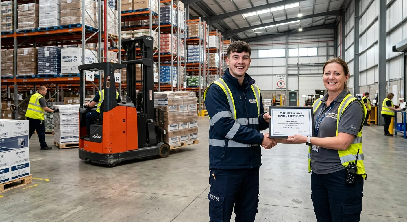 A warehouse worker in Brighton being presented with a Forklift Training certificate by a manager in a modern distribution centre.
