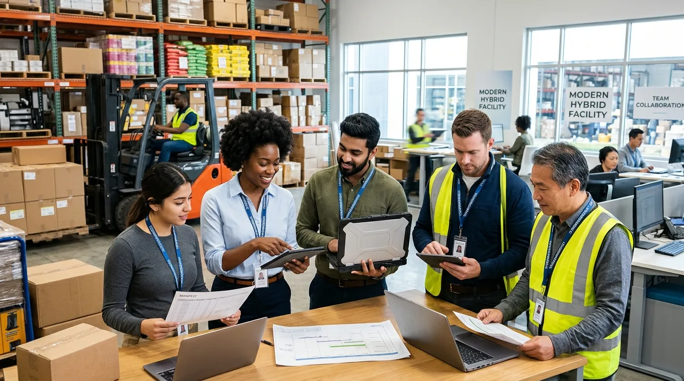 A professional hero image showing a diverse team of temporary workers collaborating in a modern office and warehouse hybrid environment. Style is vibrant, dynamic, and professional, with a focus on teamwork and efficiency.