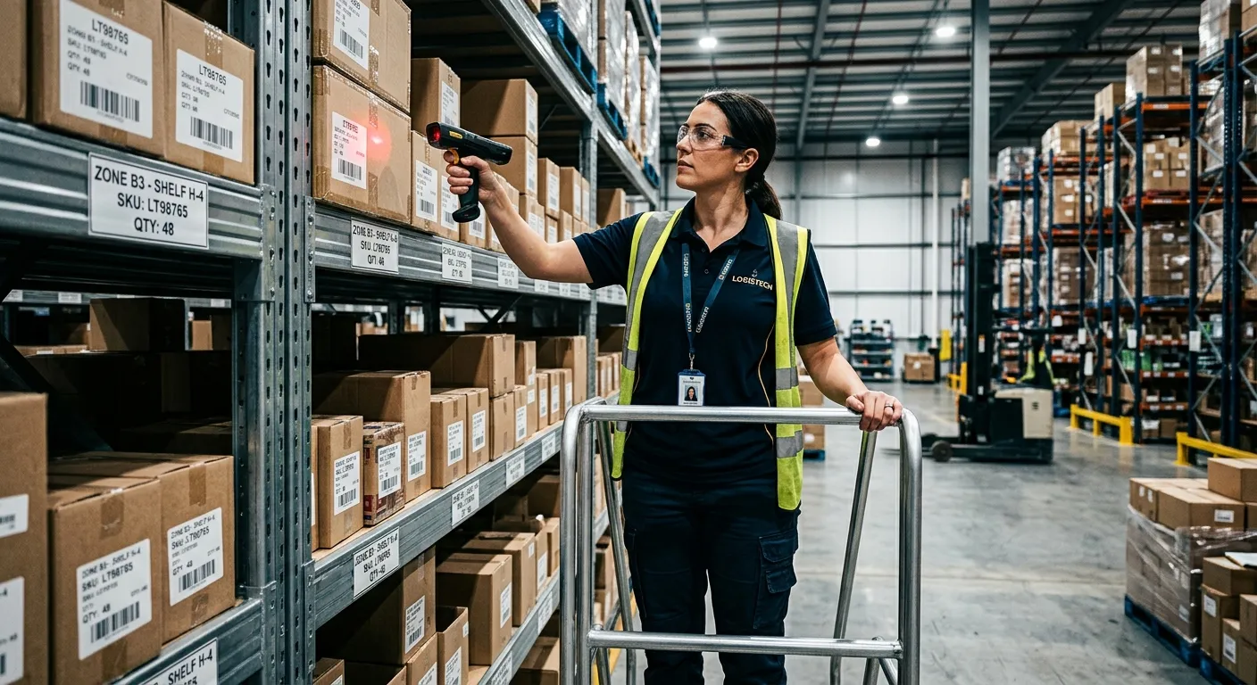 A professional, high-contrast image of a Stock Control Clerk in a modern warehouse, using a handheld... A professional, high-contrast image of a Stock Control Clerk in a modern warehouse, using a handheld scanner to check inventory on a high shelf. The mood is efficient, focused, and high-tech, with sharp lighting emphasizing detail.
