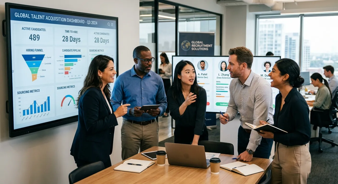 A dynamic, professional photo of a diverse team of recruitment consultants in a modern office, looking at a large digital screen displaying analytics and candidate profiles. The mood is collaborative, efficient, and high-energy.