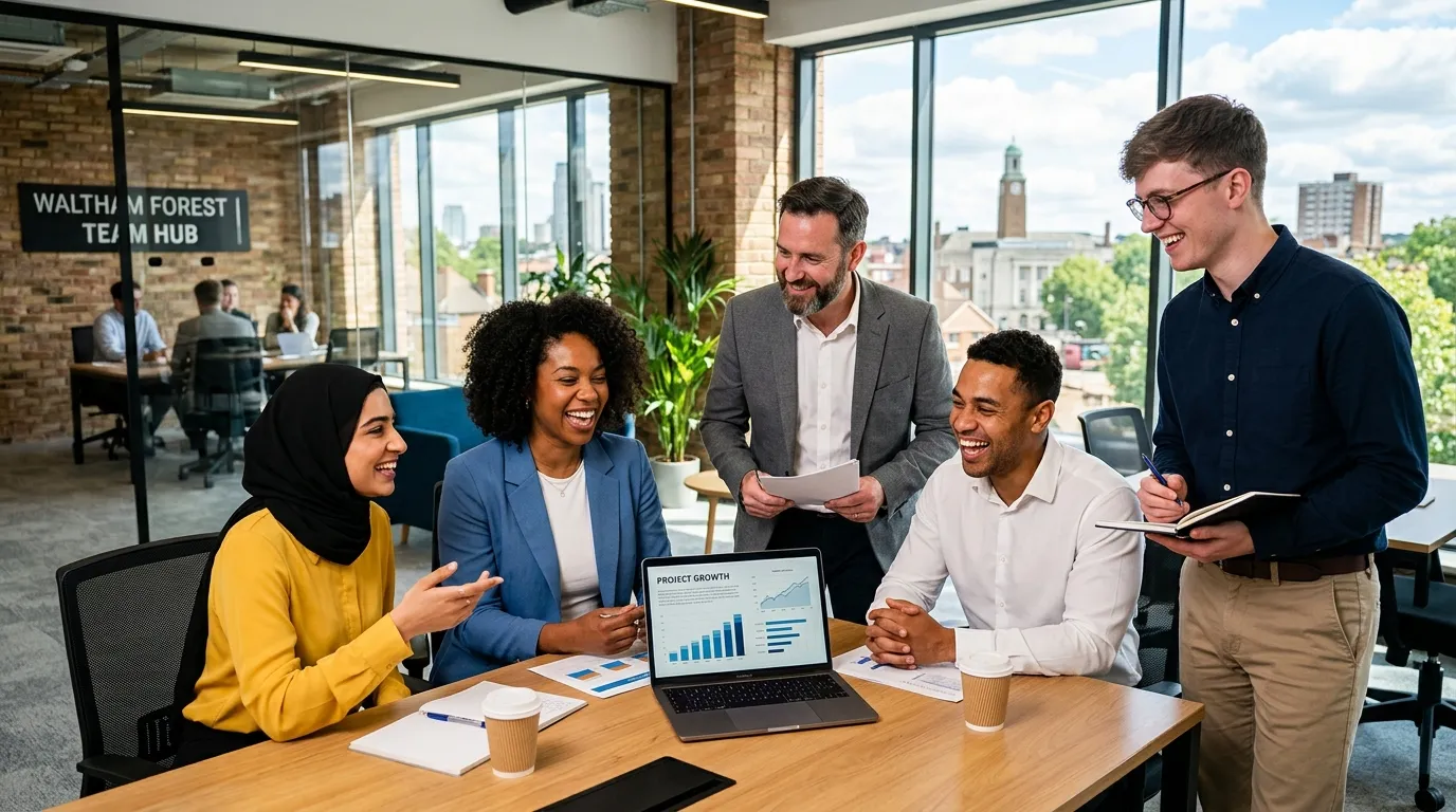Professional hero image showing a diverse team of professionals in a modern Waltham Forest business... Professional hero image showing a diverse team of professionals in a modern Waltham Forest business setting, collaborating and smiling. Vibrant, high-energy mood with a focus on teamwork and success.