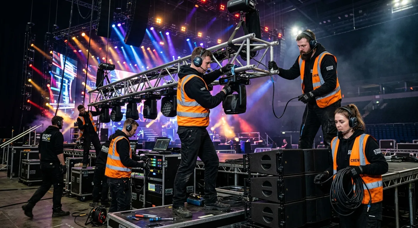 A dynamic, high-energy shot of a professional stage crew in action, wearing headsets and high-visibi... A dynamic, high-energy shot of a professional stage crew in action, wearing headsets and high-visibility vests, setting up lighting trusses and audio equipment on a large concert stage. Moody lighting with vibrant stage lights in the background.