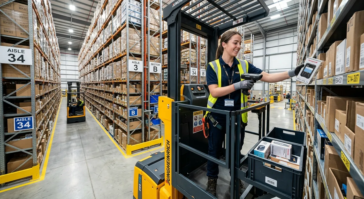A professional, high-energy photograph of an Order Picker in a modern, well-organised warehouse in Basildon. The worker is using a handheld scanner to pick items from a high-bay shelving unit. The image conveys efficiency, technology, and a clean, safe working environment.