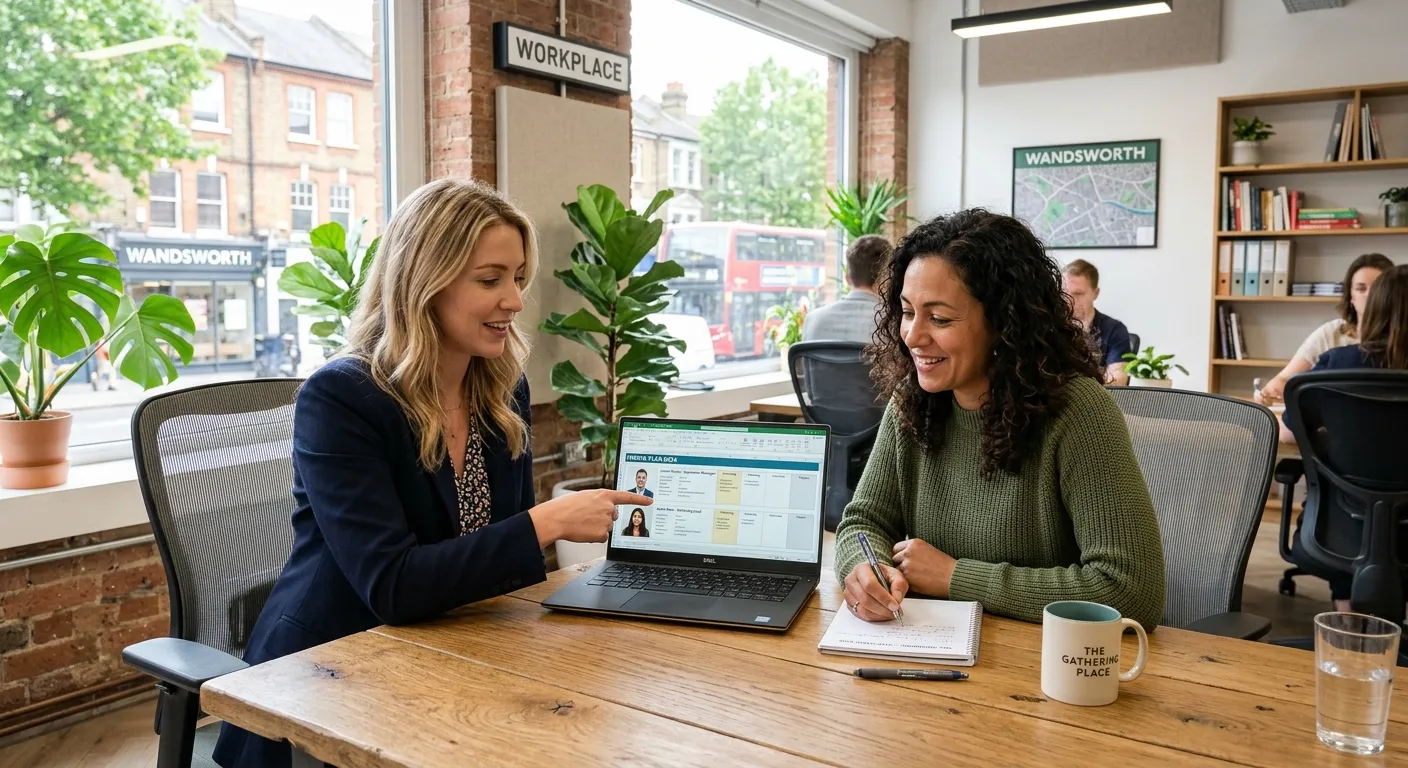 A modern recruitment consultant meeting with a small business owner in a bright Wandsworth office, r... A modern recruitment consultant meeting with a small business owner in a bright Wandsworth office, reviewing a hiring plan on a laptop with candidate profiles on screen