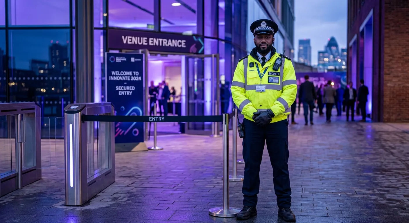 A professional London security officer in high-visibility uniform standing at a controlled venue ent... A professional London security officer in high-visibility uniform standing at a controlled venue entrance, modern corporate recruitment style, violet and indigo lighting, calm, trustworthy, and authoritative mood