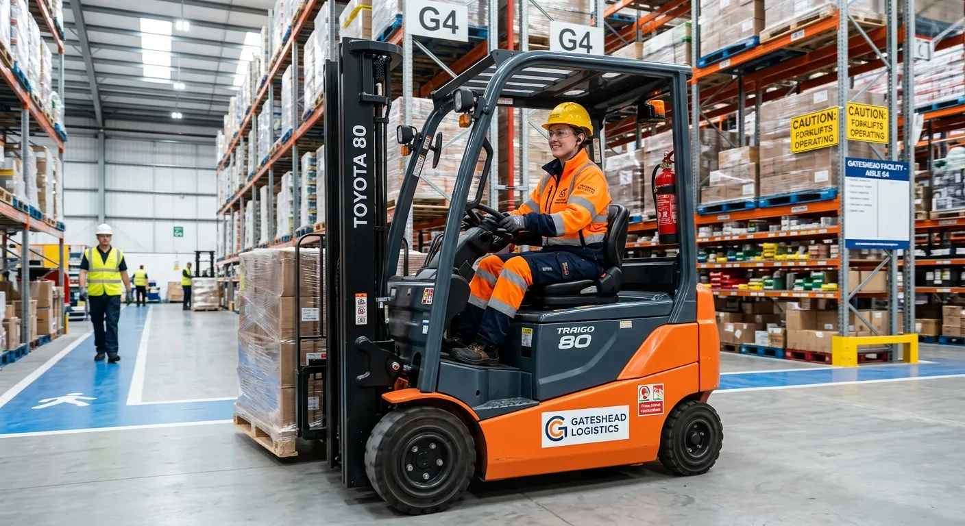A professional, confident forklift driver in a modern, well-lit warehouse in Gateshead, wearing high-visibility clothing and safety gear, operating a counterbalance forklift. The image should convey safety, efficiency, and a positive work environment.
