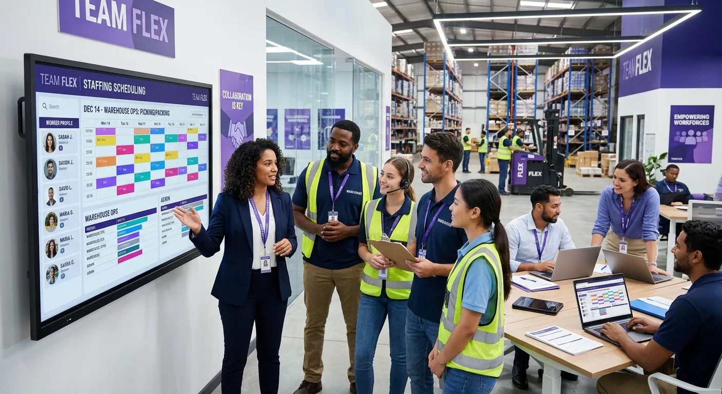 A polished modern office and warehouse scene showing a diverse team of temporary workers, managers,... A polished modern office and warehouse scene showing a diverse team of temporary workers, managers, and recruitment specialists collaborating with digital staffing schedules, in a vibrant violet and indigo corporate style, bright lighting, professional mood